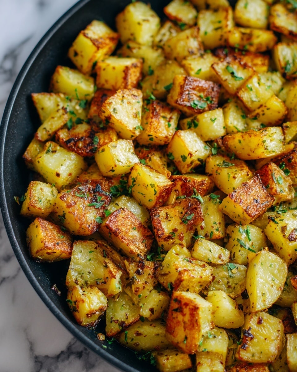 The image shows a black cast iron pan filled with small, cubed, golden brown roasted potatoes with light crisp edges and some skin still on. The potatoes are scattered closely together, with bits of green herbs sprinkled evenly across them. They have a slightly shiny, cooked texture indicating oil or butter, and a few darker browned spots add contrast. The pan sits on a white marbled surface. photo taken with an iphone --ar 4:5 --v 7