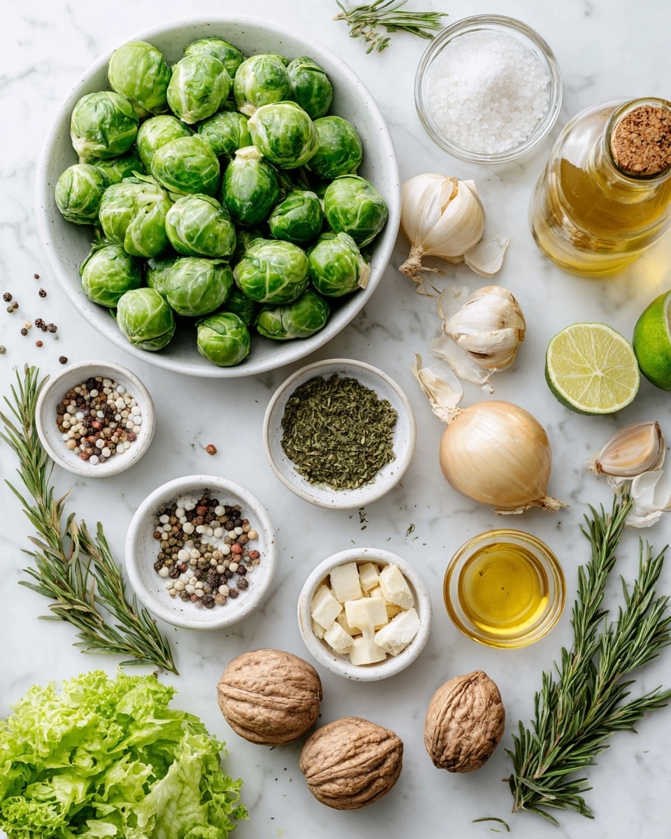 The image shows an overhead view of several ingredients arranged neatly on a white marbled surface. There is one white bowl filled with fresh, green Brussels sprouts in the center left. Around it are small white and light brown bowls containing various ingredients: coarse salt, mixed peppercorns, sliced garlic, dried herbs, and a green powder. To the right, a few whole onions and a small bunch of green leafy lettuce are placed. A halved lime, two whole nutmegs, and sprigs of fresh rosemary are also displayed. Additionally, there are two clear glass containers with golden olive oil, one bottle with a cork, and some loose garlic cloves scattered. The composition is clean, organized, and bright. Photo taken with an iphone --ar 4:5 --v 7