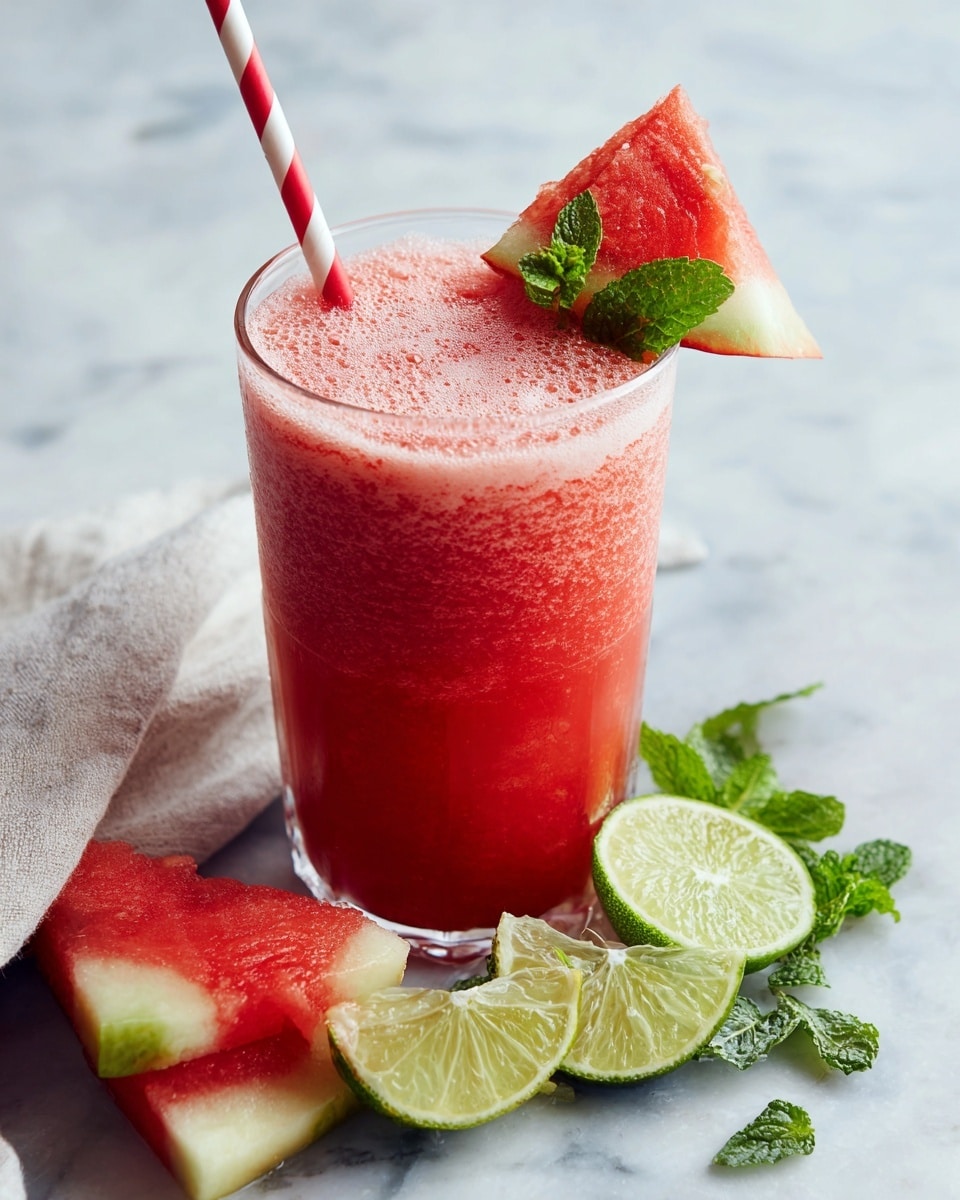 A clear glass filled with a thick red smoothie topped with a layer of light pink froth. Inside the glass, a red and white striped straw leans slightly to the left. On the rim of the glass, a small triangular watermelon slice with bright red flesh and green rind sticks out beside a thin lime wheel topped with fresh bright green mint leaves that stand upright. Around the glass are small chunks of watermelon and lime wedges scattered on a white marbled surface. Photo taken with an iphone --ar 4:5 --v 7