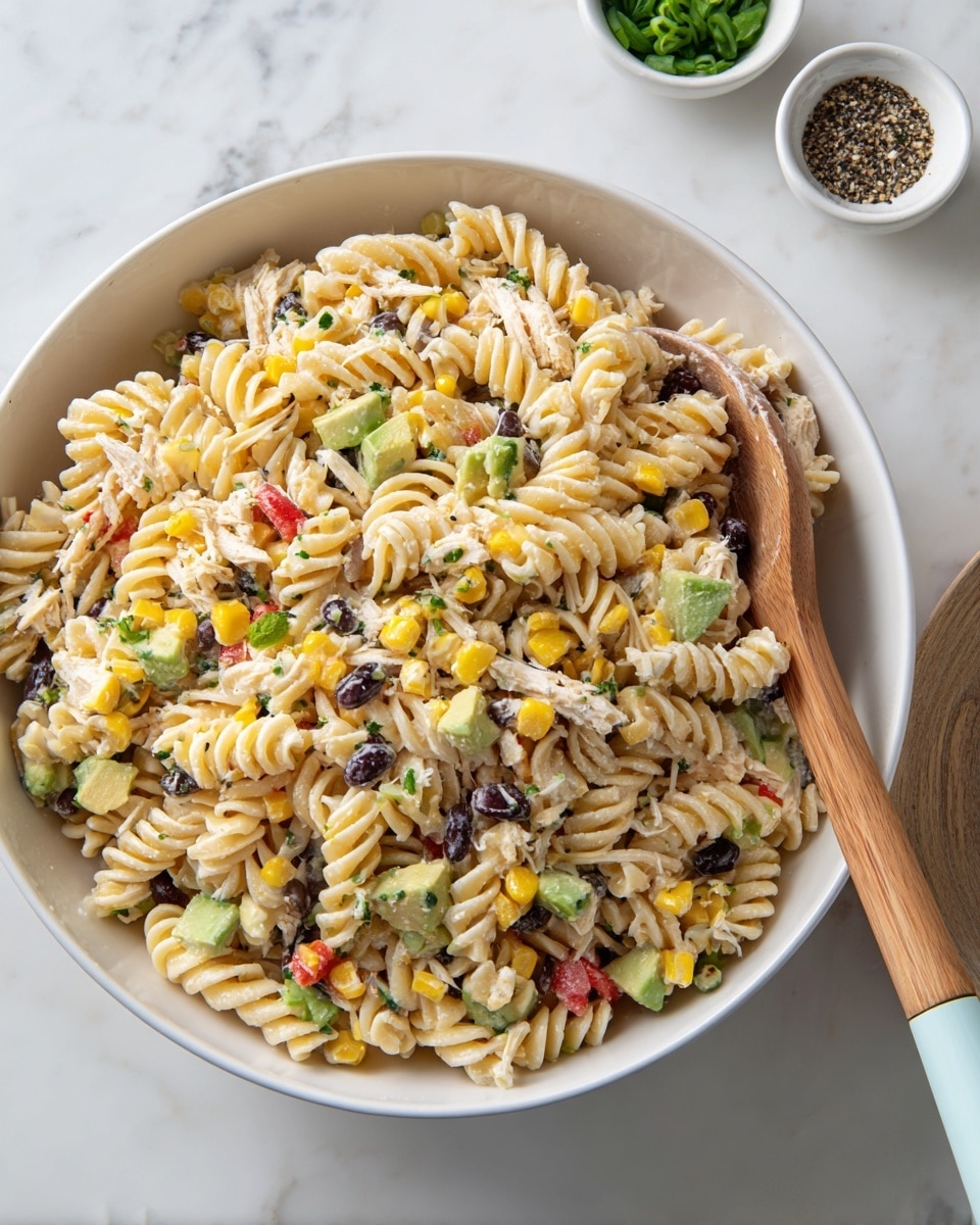 A large white bowl is filled with a colorful spiral pasta salad. The top layer has creamy beige spiral pasta mixed with chunks of light brown cooked chicken, bright yellow corn kernels, black beans, chopped green onions, and pieces of red bell pepper. There are also light green slices of avocado and some green herbs sprinkled throughout. A wooden spoon with a blue handle is resting on the right side inside the bowl. The bowl sits on a white marbled surface with a small white plate of black pepper and a beige plate of chopped green onions nearby. Photo taken with an iphone --ar 4:5 --v 7