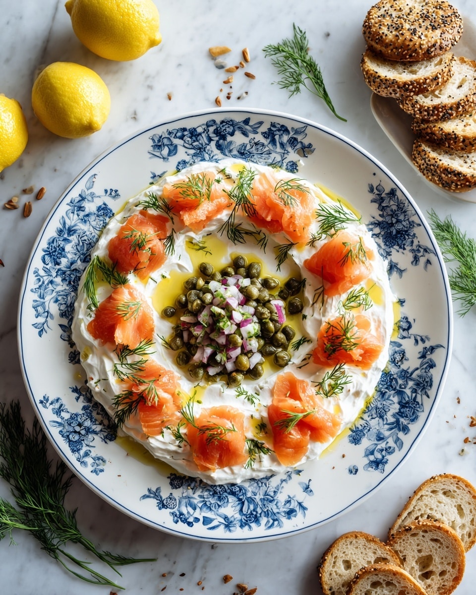 A white plate with blue floral patterns holds a round arrangement of small dollops of white cream cheese forming the base layer. Each dollop is topped with a thin slice of orange smoked salmon. In the center of the plate, there is a small pile of green capers, surrounded by finely chopped red onions. Light green dill sprigs and tiny dark purple microgreens are scattered on top for garnish. To the side, there is a white bowl with toasted brown bagel slices, and two whole seeded bagels sit next to halved bright yellow lemons on a white marbled surface. The scene is bright with natural light and includes a woman's hand visible near the bottom edge of the image. Photo taken with an iphone --ar 4:5 --v 7