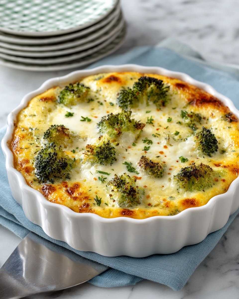 A white scalloped ceramic pie dish holds a cooked broccoli and cheese frittata with a golden-brown top layer, uneven and bubbly with green broccoli florets scattered throughout and small bits of herbs sprinkled on the surface. The frittata has a light yellow custard base and browned edges rising slightly along the scalloped edges of the dish. The scene includes a soft green cloth on a white marbled surface, with a metal spatula underneath the dish and green-and-white checkered plates stacked in the background. photo taken with an iphone --ar 4:5 --v 7