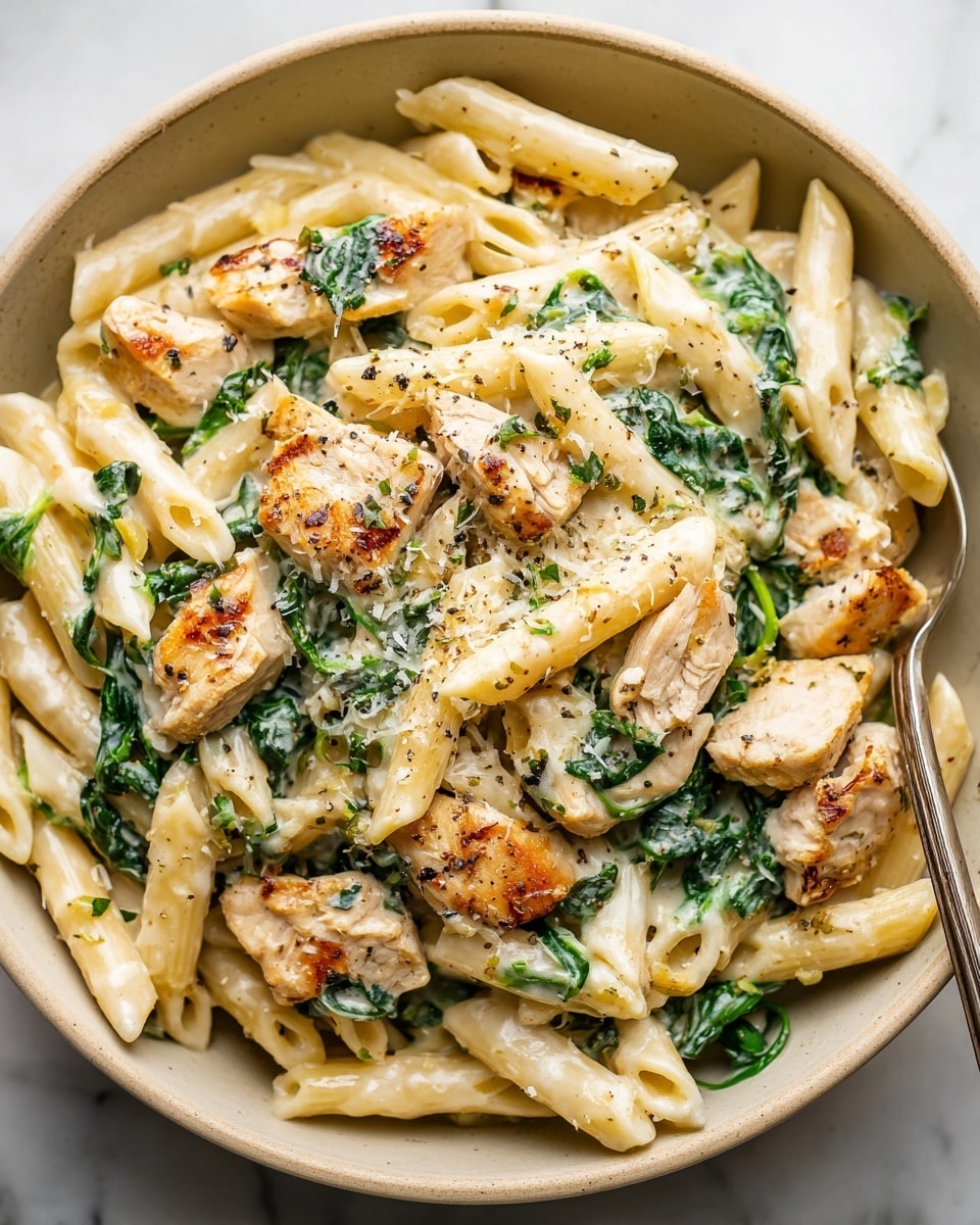 A bowl of creamy pasta with three main layers: the bottom layer has cooked pale yellow penne pasta, the middle layer contains bright green spinach leaves mixed softly with the pasta, and the top layer shows pieces of light golden-brown chicken scattered around with a sprinkle of grated white cheese and small dots of black pepper on top. The dish is served in a white bowl sitting on a white marbled surface. photo taken with an iphone --ar 4:5 --v 7