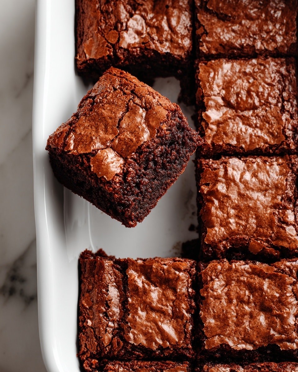 A white baking dish with a batch of brownies cut into squares. The brownies have one layer, dark brown in color with a cracked, shiny top crust that looks soft and thick. One brownie square is lifted and resting on the others, showing a moist, dense inside. The white marbled surface beneath the dish is partly visible. Photo taken with an iphone --ar 4:5 --v 7