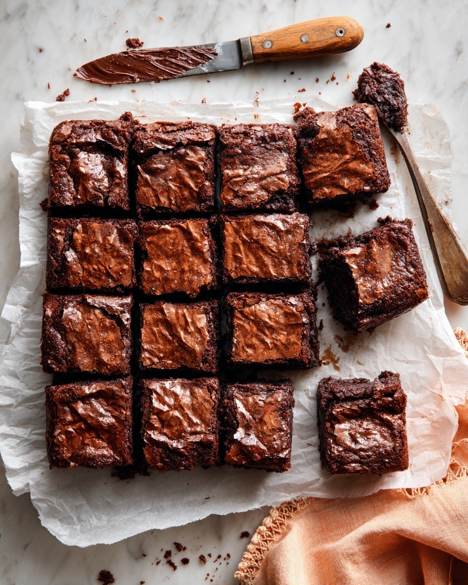 A rectangular white baking tray lined with white parchment paper holds a batch of chocolate brownies, cut into 15 squares with one piece missing from the upper right corner. The brownies have a shiny, cracked top layer with a rich dark brown color and a moist, dense texture visible on the edges. Around the tray, there is a knife with a wooden handle, a single brownie piece, and a beige cloth with an orange lace border, all placed on a white marbled surface. The photo taken with an iphone --ar 4:5 --v 7