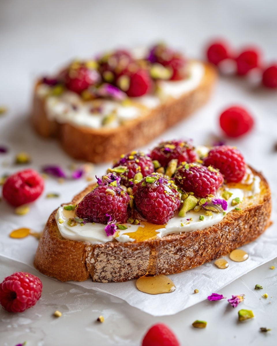 Two long pieces of toasted bread are on a white marbled surface covered with white parchment paper. Each toast has a thick layer of smooth white cheese spread evenly across the top. Fresh, plump red raspberries are scattered on top in two rows along the bread length. Light green pistachio nuts are sprinkled over, adding texture with some scattered purple flower petals. A light golden honey glaze is drizzled over all the layers, giving a shiny and sticky look. Extra raspberries and honey drops are around the bread. Photo taken with an iphone --ar 4:5 --v 7