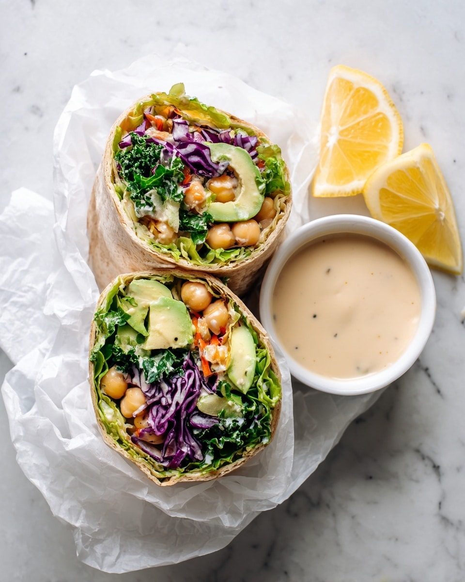 The image shows two halves of a wrap filled with layers of chickpeas, green leafy kale, diced avocado, and pieces of purple cabbage mixed with light cream sauce inside a soft flour tortilla. The wrap halves are placed on white parchment paper on a white marbled surface. To the side, there is a small yellow bowl filled with a light beige creamy dip and a wedge of lemon nearby. The colors are fresh and vibrant, showing greens, purples, beige, and pale yellow. Photo taken with an iphone --ar 4:5 --v 7