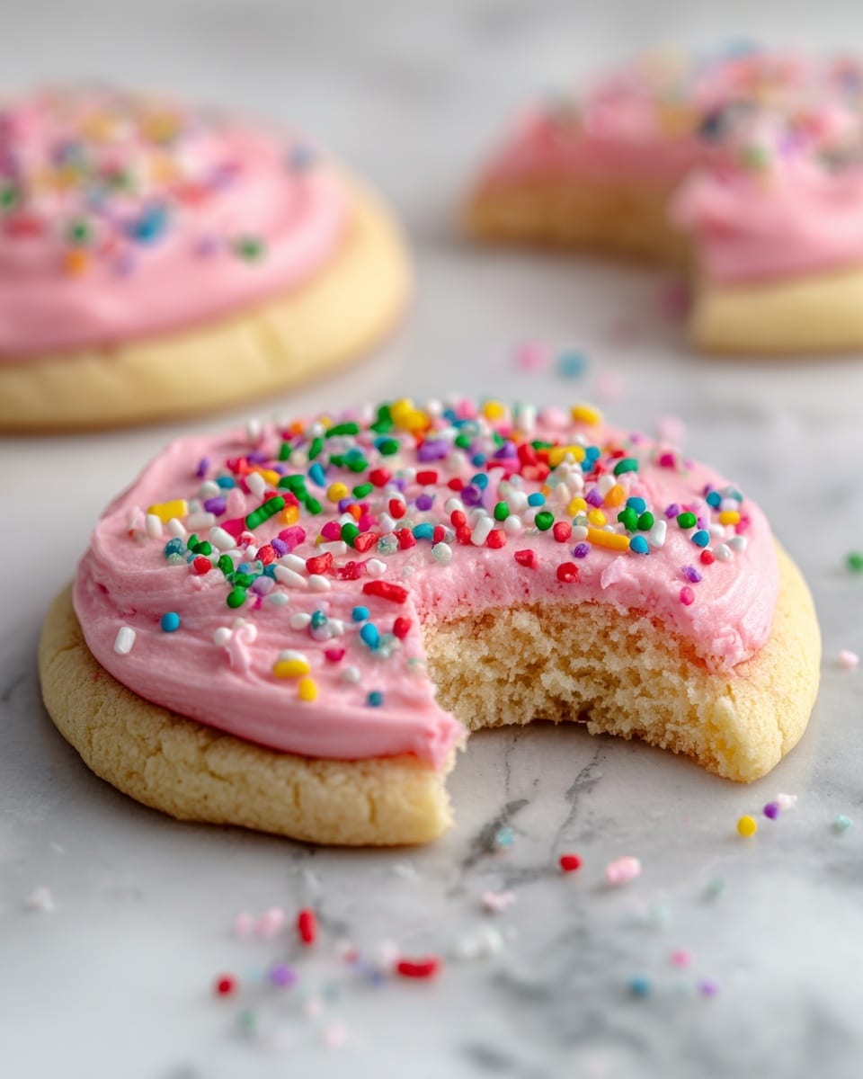The image shows a close-up of a soft, round cookie with a thick layer of smooth, light pink frosting spread evenly on top. On the frosting, there are colorful sprinkles in various shapes scattered mainly in the center, including white, orange, purple, green, blue, and red colors. Part of the cookie has a small bite taken out, revealing its crumbly, pale yellow interior. In the background, there are more of the same cookies slightly out of focus, all placed on a white marbled texture surface with some sprinkles scattered around. photo taken with an iphone --ar 4:5 --v 7