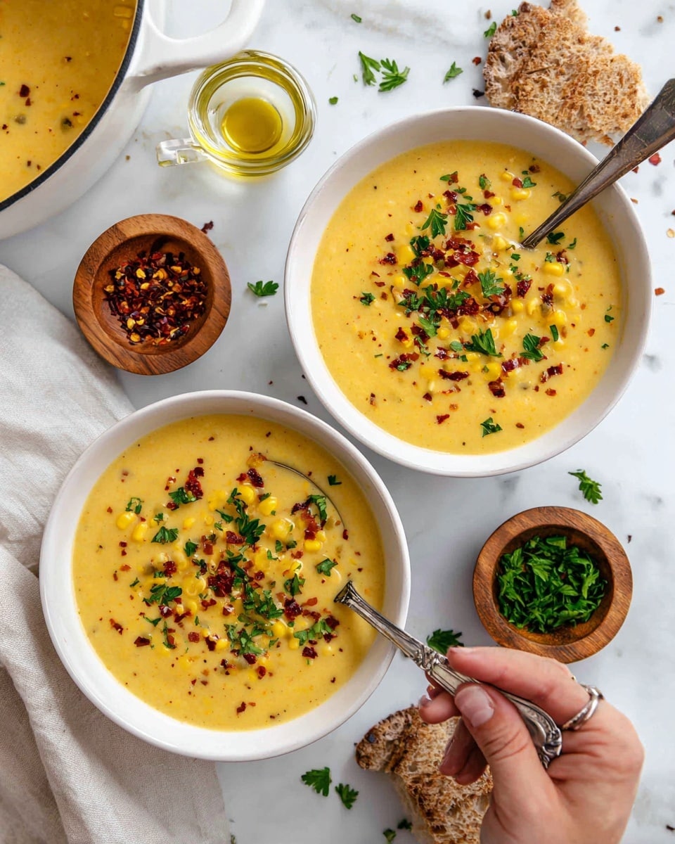 Two white bowls filled with creamy light yellow soup that has small corn pieces floating inside. Both bowls are topped with chopped green herbs and sprinkled with red chili flakes. Each bowl has a silver spoon resting inside. Around the bowls are small white plates and wooden bowls holding chopped herbs, chili flakes, and crispy brown pieces. There is a piece of bread with a crusty brown edge near the top left, all set on a white marbled surface. A woman’s hand holds the spoon in one bowl. Photo taken with an iphone --ar 4:5 --v 7