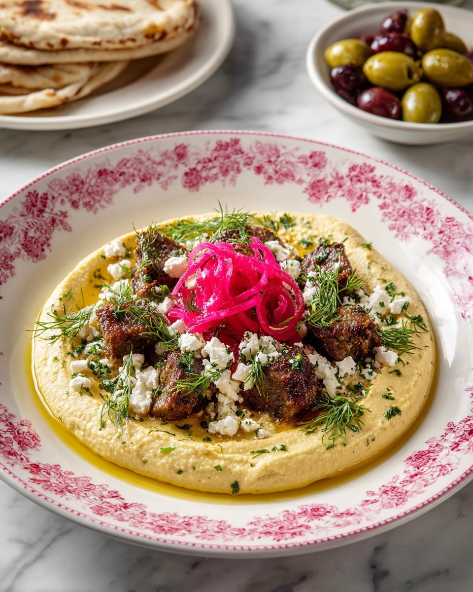 A white plate with a pink floral border holds a dish with a thick base layer of creamy pale yellow hummus. On top, there are small pieces of grilled brown meat, spread evenly in a circle, sprinkled with white crumbled cheese and fresh green dill. In the center, there is a small pile of thin, curly, bright pink pickled onions. The plate sits on a white marbled surface with flat pieces of light beige flatbread partially underneath it. To the side, there is a small white bowl filled with mixed green and brown olives. Photo taken with an iphone --ar 4:5 --v 7