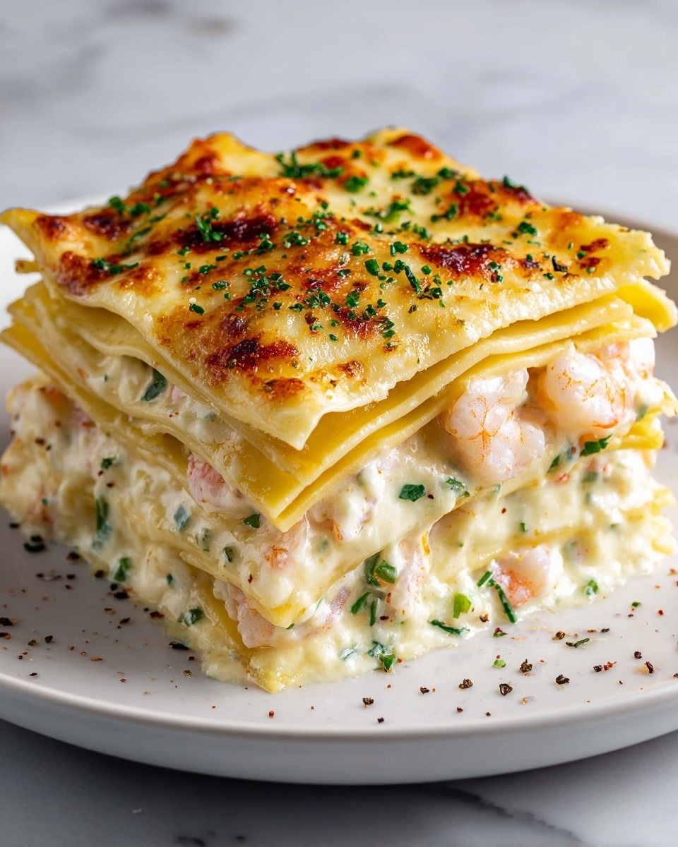 A piece of lasagna with three visible layers of flat, wide pasta sheets that are light yellow in color, separated by a creamy white cheese mix speckled with green herbs, and filled with pieces of pink shrimp. The top layer is covered with melted golden cheese that has small browned spots and a sprinkle of fresh green herbs and black pepper. The lasagna is served on a white plate with a white marbled surface underneath. Photo taken with an iphone --ar 4:5 --v 7