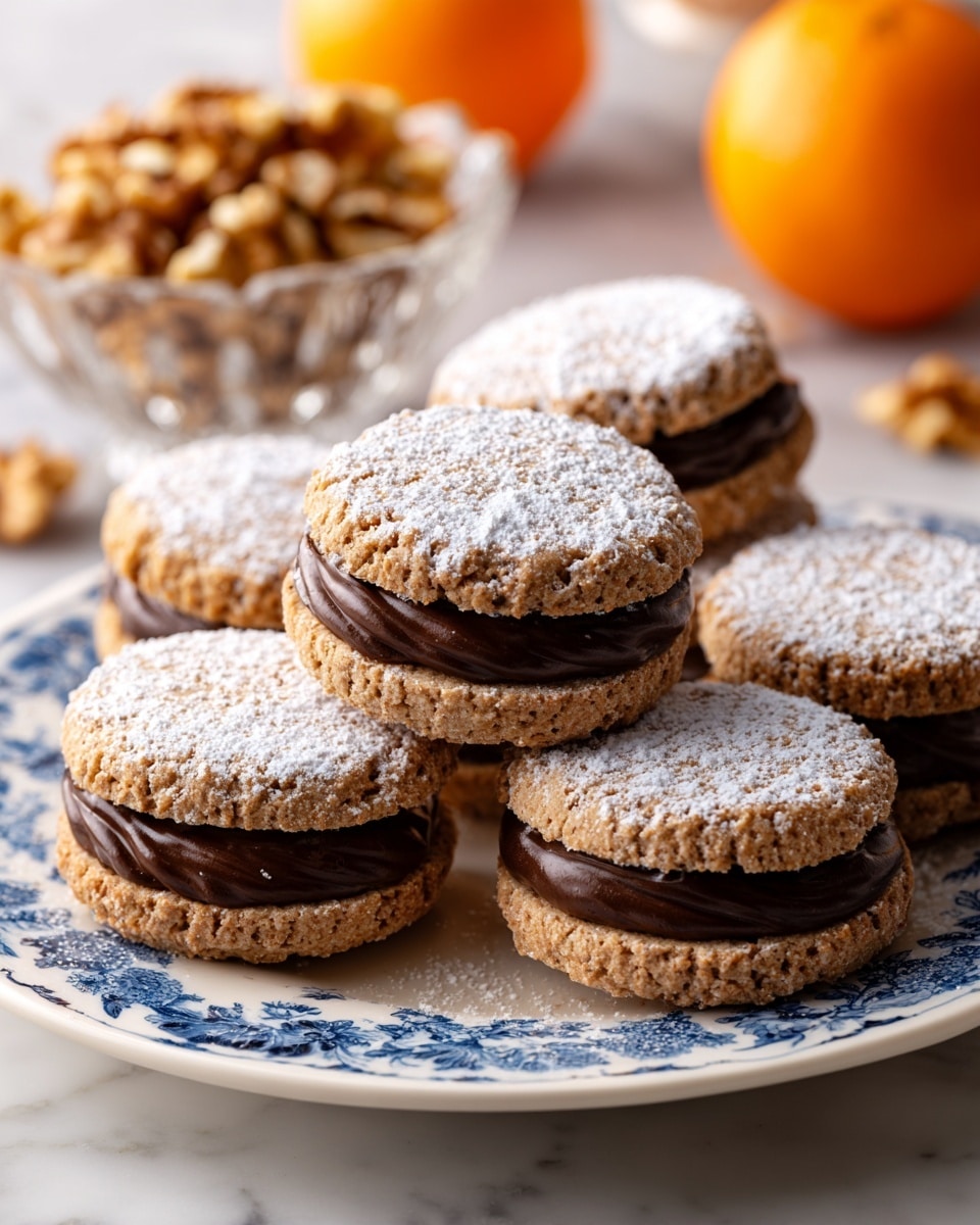 A white plate with blue decoration holds a pile of small round chocolate cookies with two layers; the top and bottom layers are light brown with a rough texture and dusted with white powder, while the middle layer is a smooth and shiny dark brown chocolate filling. In the background, a clear glass bowl filled with light brown walnut halves and a white basket with bright orange oranges are slightly out of focus, all placed on a white marbled surface. photo taken with an iphone --ar 4:5 --v 7
