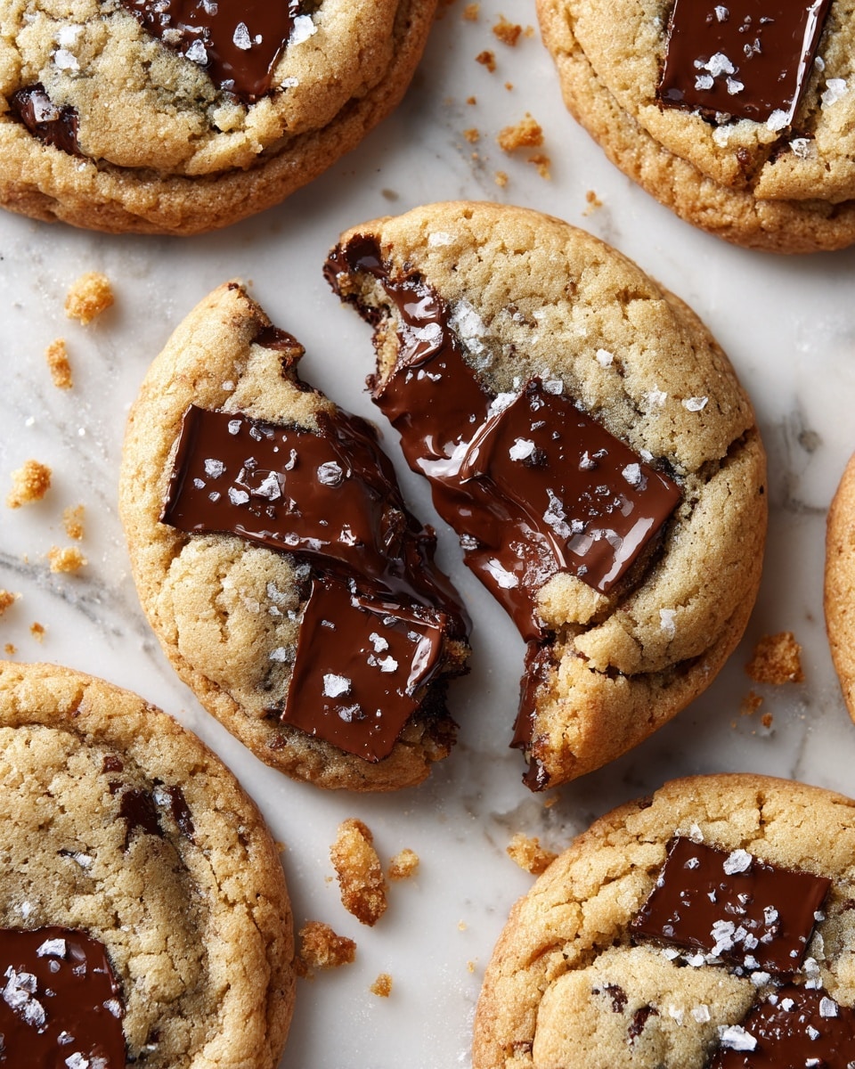 A close-up view of seven round chocolate chip cookies arranged unevenly on a white marbled surface, with chocolate chunks visibly melted and baked into the golden-brown cookie dough. The cookies have a soft texture with some crisp edges, and one cookie in the center is broken open, showing a rich and melty dark chocolate center flowing out. The top of the cookies is sprinkled with coarse sea salt flakes, adding a touch of white contrast on the golden and dark brown chocolate colors. Small cookie crumbs are scattered casually around the cookies. Photo taken with an iphone --ar 4:5 --v 7