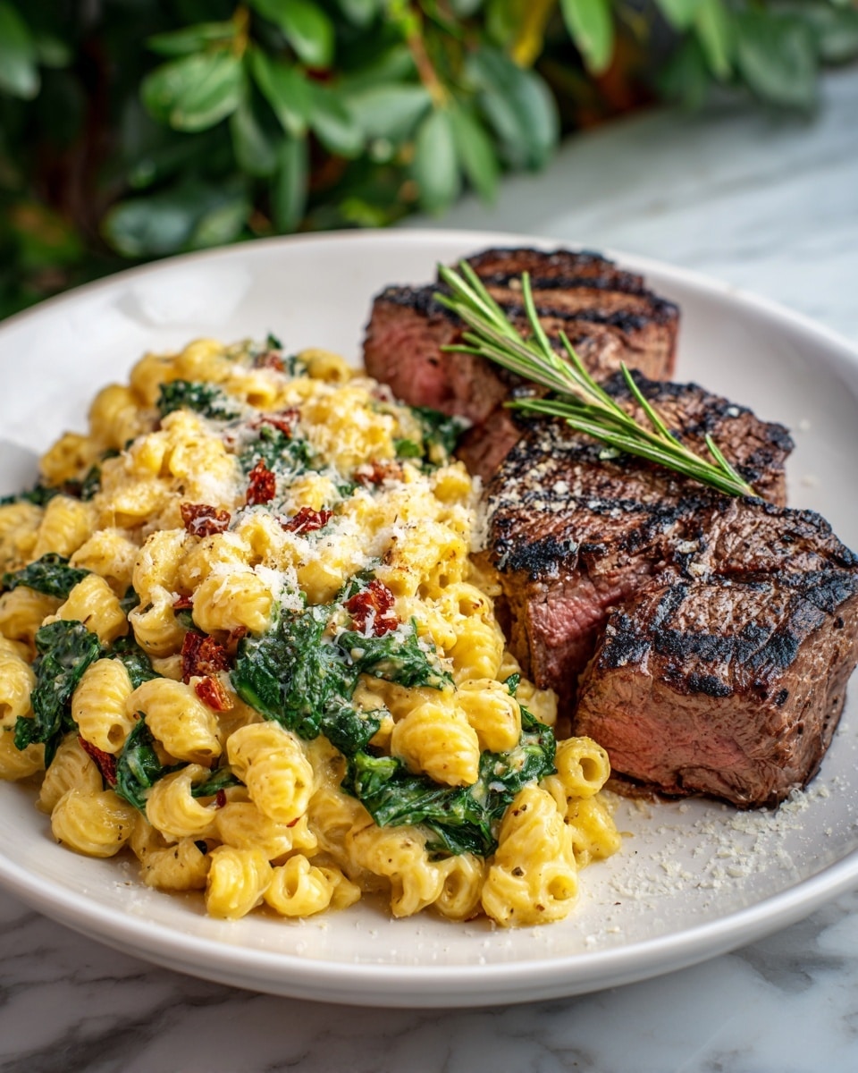 A white plate shows a meal with two main parts side by side. On the left, there is a pile of creamy yellow pasta mixed with green spinach and small bits of red sun-dried tomatoes, topped lightly with grated white cheese. On the right, there are two thick, juicy grilled steaks with a charred dark brown crust and a pink center. A small green rosemary sprig lies across the top pieces of steak. The plate is placed on a white marbled surface, and a blurred green plant is visible in the background. photo taken with an iphone --ar 4:5 --v 7