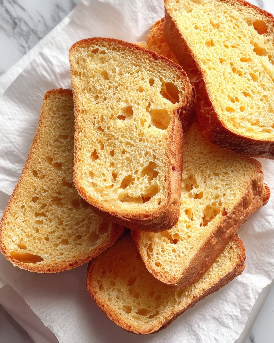 The image shows several slices of light yellow bread with a slightly rough texture and small air holes throughout. Each slice has a golden brown crust around the edges that looks slightly crispy. The bread slices are placed flat on white parchment paper over a white marbled surface, arranged in a scattered manner with some slices cropped out of the frame. The lighting highlights the soft and airy crumb inside each slice, contrasting with the toasted, darker crust edges. photo taken with an iphone --ar 4:5 --v 7