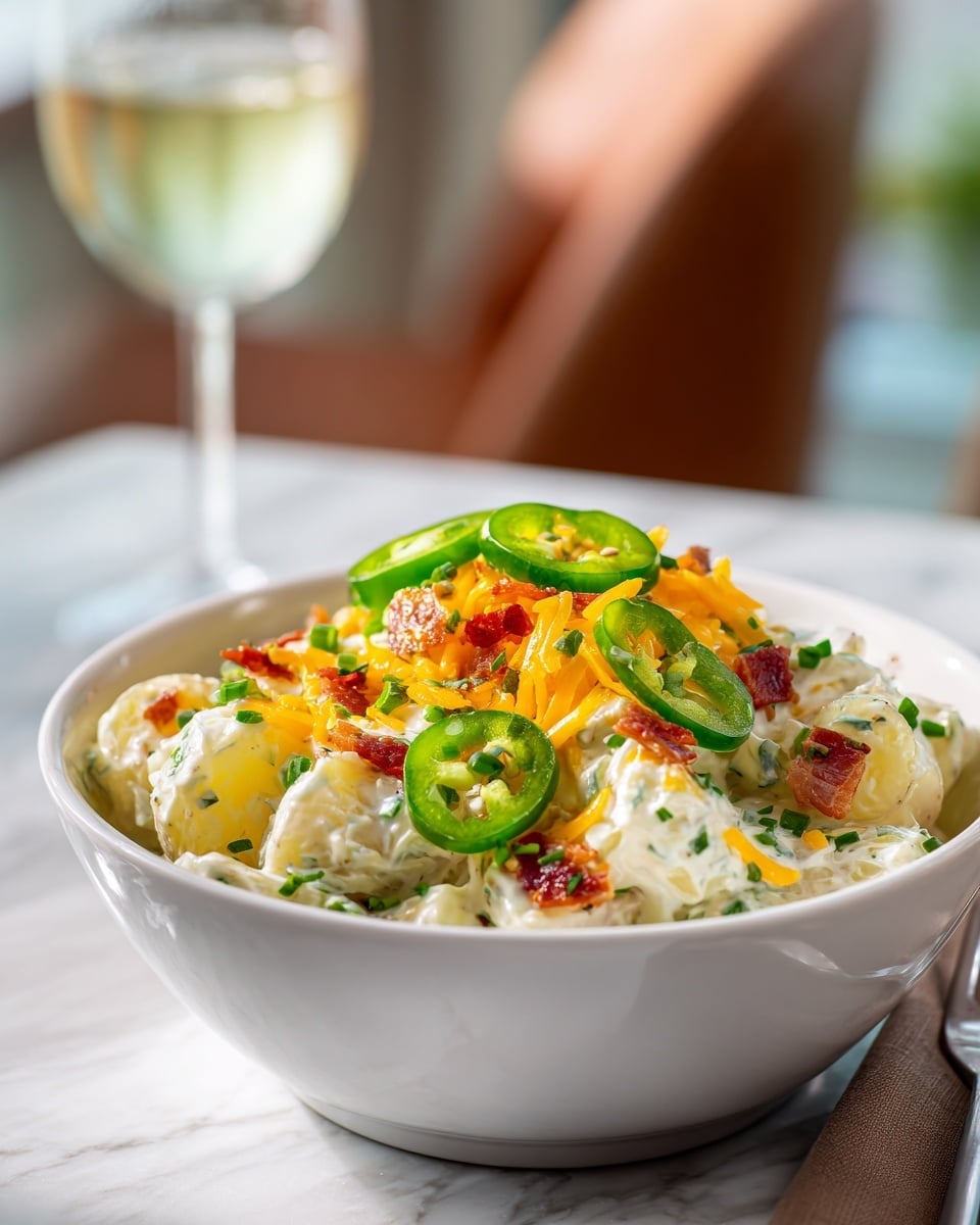 A white bowl filled with a creamy potato salad that has visible chunks of light yellow potatoes, mixed with crispy reddish-brown bacon pieces and finely chopped green onions. The salad is topped with thin shredded bright orange and pale yellow cheese strands and garnished with vibrant green jalapeño slices placed on top and around the salad. The background shows a blurred glass of iced drink and a soft white marbled texture surface. photo taken with an iphone --ar 4:5 --v 7