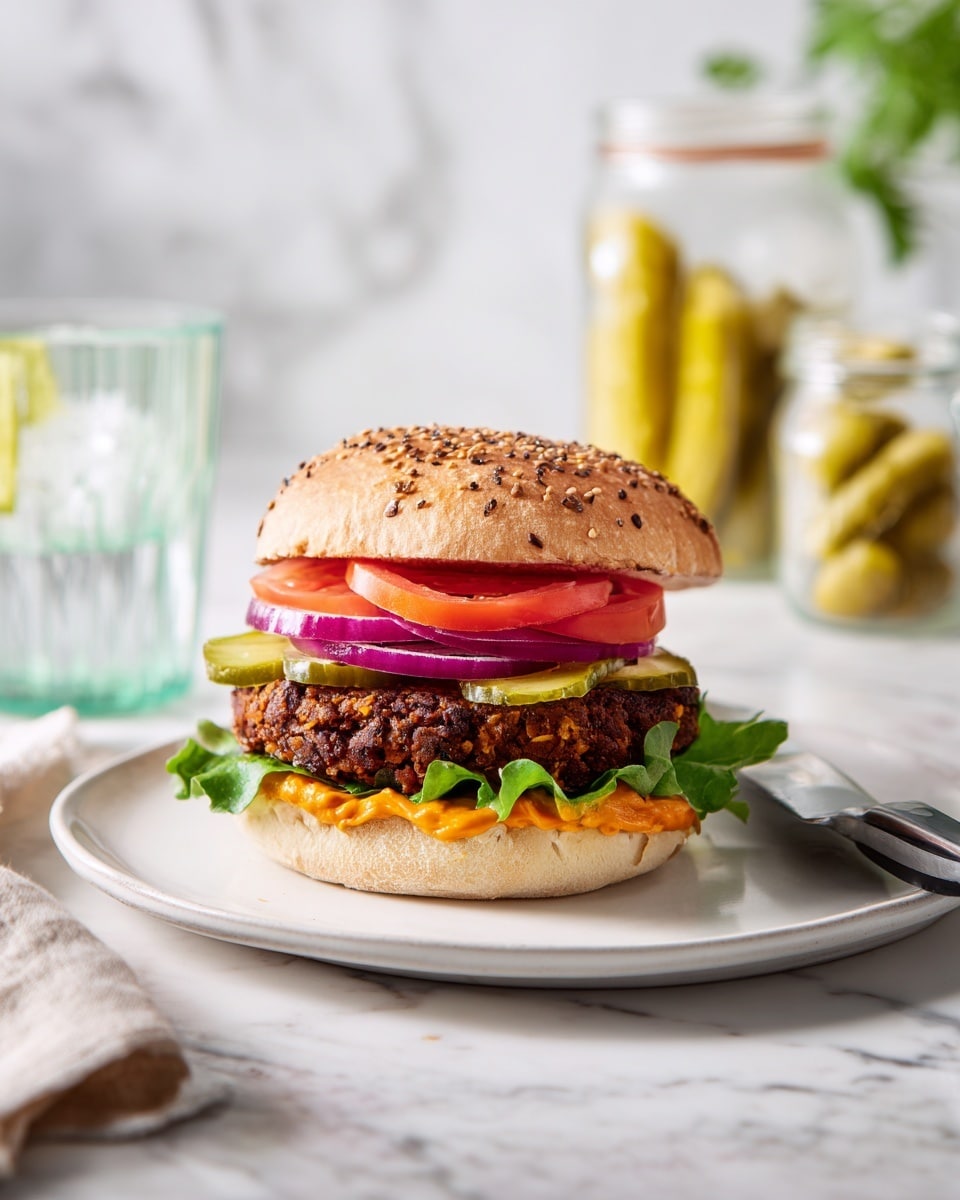 A burger on a white plate sits on a white marbled surface. The bottom layer shows a light brown bun with a spread of orange sauce and green leafy lettuce peeking out. Above that is a thick, dark brown patty with a rough texture. On top of the patty, there are two slices of thin red onion and a slice of red tomato. Covering all is the top bun sprinkled with white sesame seeds. Nearby, there is a knife with a black handle on the right side of the plate, a blue cloth in the foreground, and blurred jars with pickles and a glass of water in the background. Photo taken with an iphone --ar 4:5 --v 7