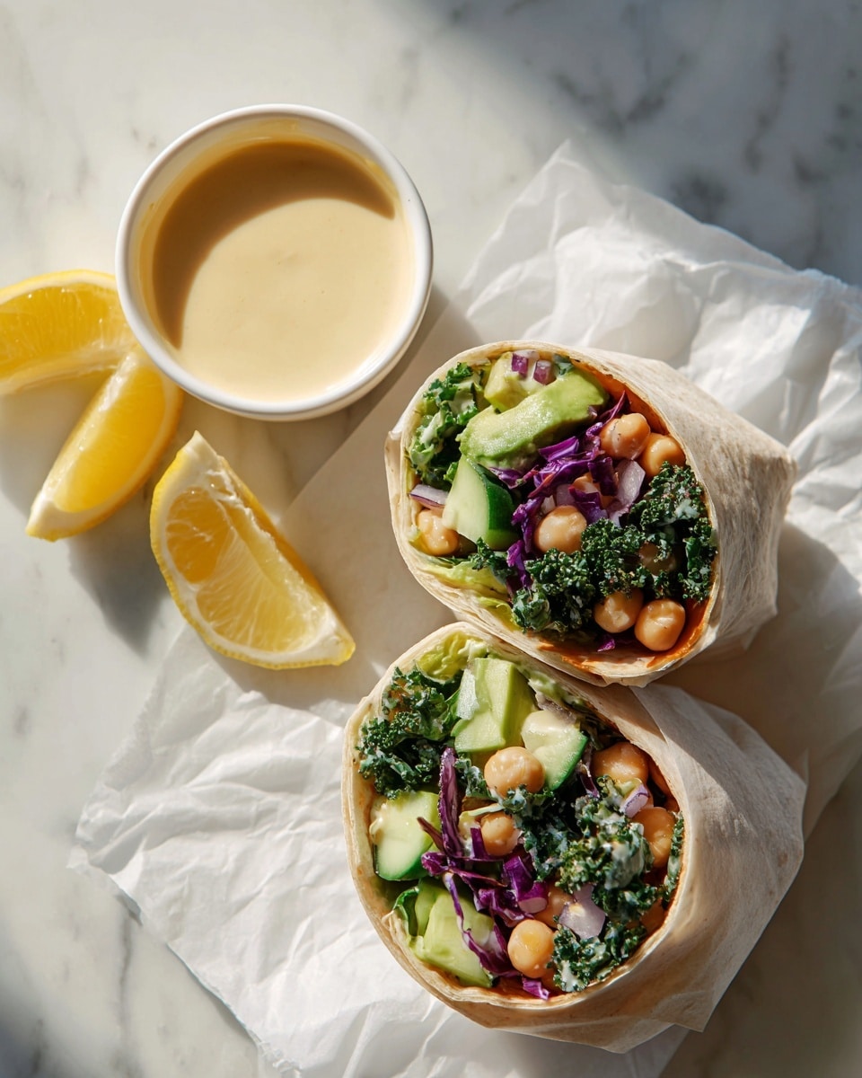 This image shows two halves of a fresh wrap placed side by side on white parchment paper over a white marbled surface. Each wrap half has several layers visible—from the outer light beige tortilla to a mix of green kale, bright green avocado chunks, purple cabbage, and tan chickpeas inside. To the side, there is a white bowl filled with a creamy light beige sauce, and next to it, half a lemon with bright yellow skin and juicy interior adds color contrast. The overall look is fresh with a mix of green, purple, and tan shades inside the wrap. photo taken with an iphone --ar 4:5 --v 7