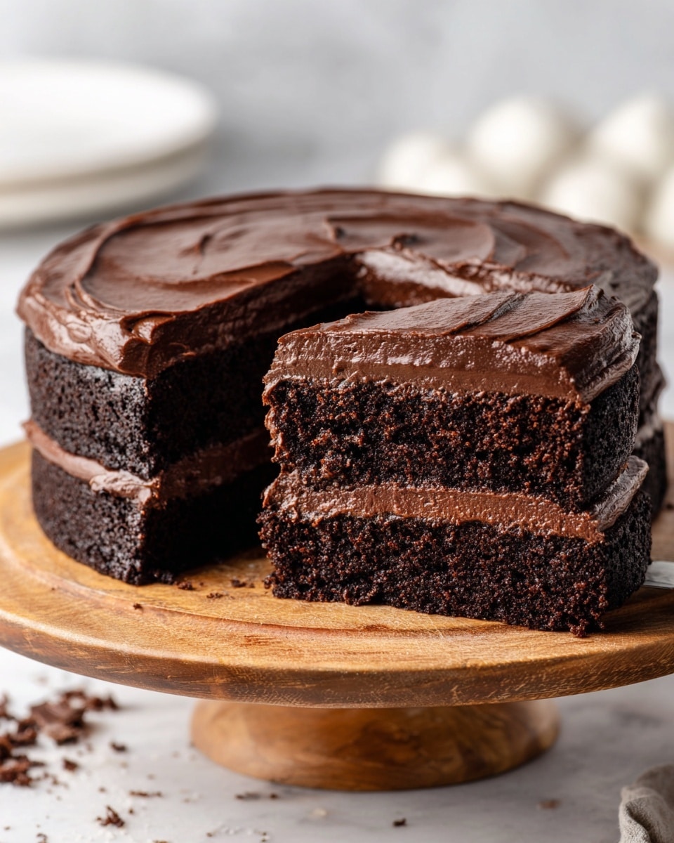 A three-layer chocolate cake sits on a wooden cake stand with a smooth dark chocolate frosting covering the top and sides, showing soft swirls in the frosting's texture. The cake is cut open to reveal two thick, dark chocolate cake layers with a generous layer of lighter chocolate frosting sandwiched between them. A slice lies in front of the cake, supporting the cut side, with the same rich frosting visible on its sides. The whole setup is on a white marbled surface with an out-of-focus dark background. Photo taken with an iphone --ar 4:5 --v 7