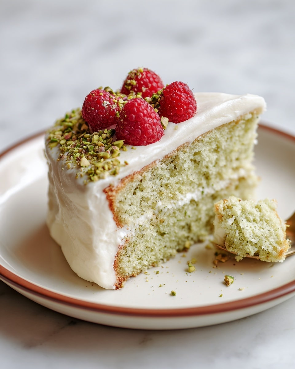 A slice of two-layer cake on a white plate with small brown speckles is shown. The bottom layer is a textured greenish-yellow sponge cake with visible crumbs, while the top layer is a thick, smooth white cream spread evenly. Three bright red raspberries sit on top of the cream layer, and finely ground green pistachio nuts are sprinkled both on the cream and around the plate. A small piece of the cake is on a silver fork near the slice. The background has a white marbled texture. Photo taken with an iphone --ar 4:5 --v 7