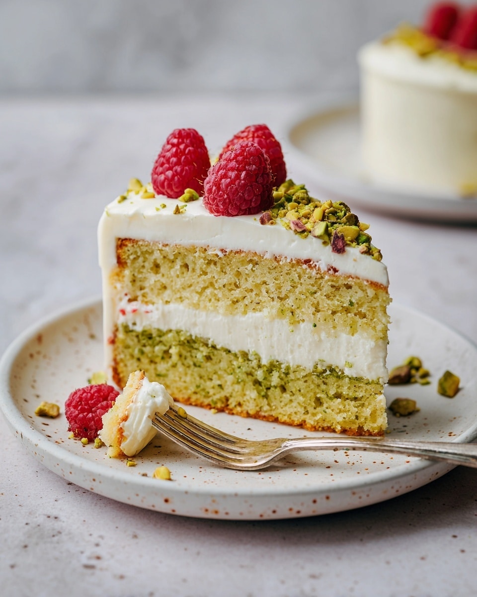 A single slice of pistachio cake with a light green, moist texture as the base layer, topped with a smooth, thick white frosting layer evenly spread on top. Three red raspberries sit on the frosting near the top, sprinkled lightly with crushed pistachios creating small green and yellow specks. The slice is on a white speckled plate that rests on a white marbled surface. A fork with a small piece of cake is placed next to the slice. Photo taken with an iphone --ar 4:5 --v 7