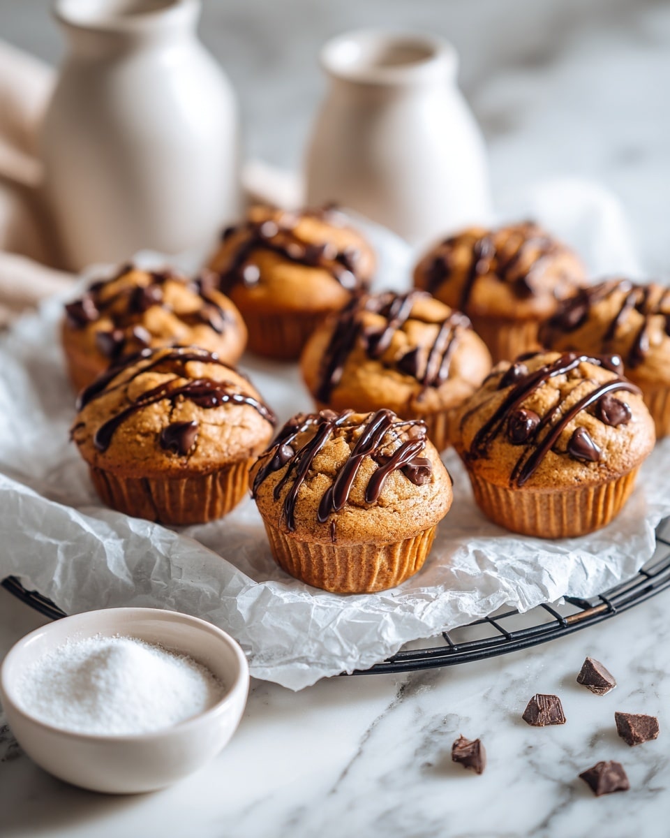 A white cooling rack holds about 25 small muffins with a golden brown top, each sprinkled generously with small dark chocolate chips. Each muffin is drizzled with thin lines of melted dark chocolate creating a crisscross pattern on top. The muffins sit on crumpled white parchment paper that covers the cooling rack. Behind the rack, there are two tall white glasses filled with milk, and a small white bowl with a gold rim holding coarse salt. In the foreground, there's a small white bowl with chocolate chips, and the entire scene is set on a white marbled texture surface. photo taken with an iphone --ar 4:5 --v 7