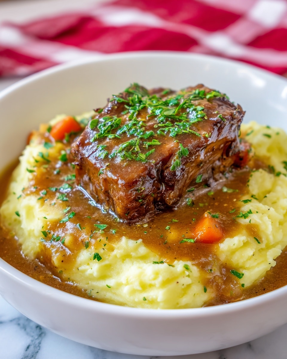 A white bowl holds a dish with two main layers: the bottom layer is creamy mashed potatoes that are pale yellow with a soft, smooth texture and small bits visible, slightly raised in the center. On top lies a large piece of richly brown roasted meat covered in thick, glossy brown gravy. The gravy, dotted with small orange carrot pieces and finely chopped green herbs, spills over the edges of the mashed potatoes, creating a saucy border around the base. Fresh green parsley is sprinkled generously over the meat and sauce, adding a fresh pop of color. The bowl sits on a white marbled surface with soft natural lighting. Photo taken with an iphone --ar 4:5 --v 7
