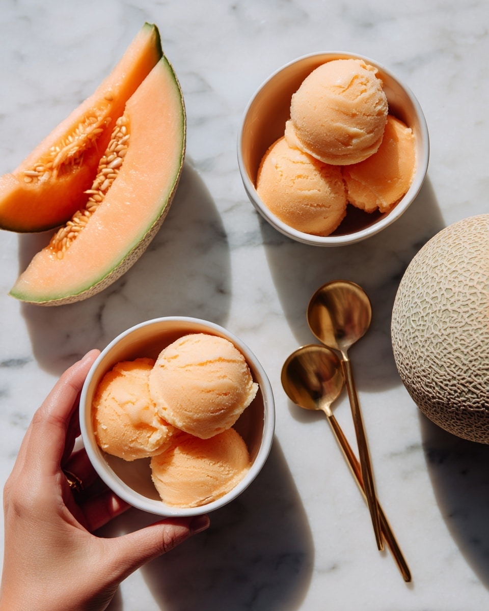The image shows two small white bowls on a white marbled surface, each filled with two scoops of light orange melon-flavored ice cream with a smooth and slightly creamy texture. Two slices of cantaloupe melon with bright orange flesh and visible seeds lie beside the bowls on the left side. Next to the bowls on the right side are two golden spoons placed parallel to each other. A small part of a whole cantaloupe melon with a rough, beige rind appears at the bottom edge. A woman's hand is holding one bowl from the side. The lighting is soft and natural, highlighting the fresh and refreshing look of the dessert. Photo taken with an iphone --ar 4:5 --v 7