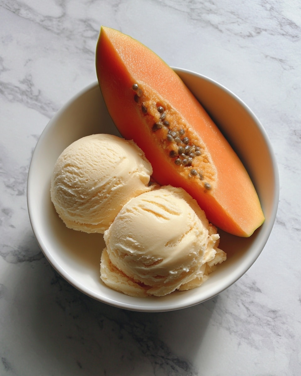 The image shows a white bowl on a white marbled surface with two scoops of creamy, pale yellow ice cream placed one on top of the other in the center of the bowl. Next to the ice cream, there is a bright orange slice of fruit positioned on the left side inside the bowl. The ice cream texture looks smooth and soft. Photo taken with an iphone --ar 4:5 --v 7