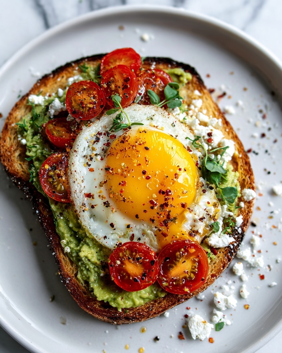 A piece of toasted bread forms the base layer with a golden brown, slightly crisp texture. On top of the toast is a thick, green layer of mashed avocado mixed with herbs, creating a creamy and chunky appearance. Scattered over the avocado are bright red, halved cherry tomatoes with visible seeds. Layered above the tomatoes is a sunny-side-up egg with a shiny, bright yellow yolk and white edges that are set but soft. Fresh green dill sprigs are placed on the egg for garnish. Small white crumbles of cheese are sprinkled across the whole dish, adding a soft texture contrast. The toast sits on a white plate with a smooth finish, placed on a white marbled surface. Photo taken with an iphone --ar 4:5 --v 7