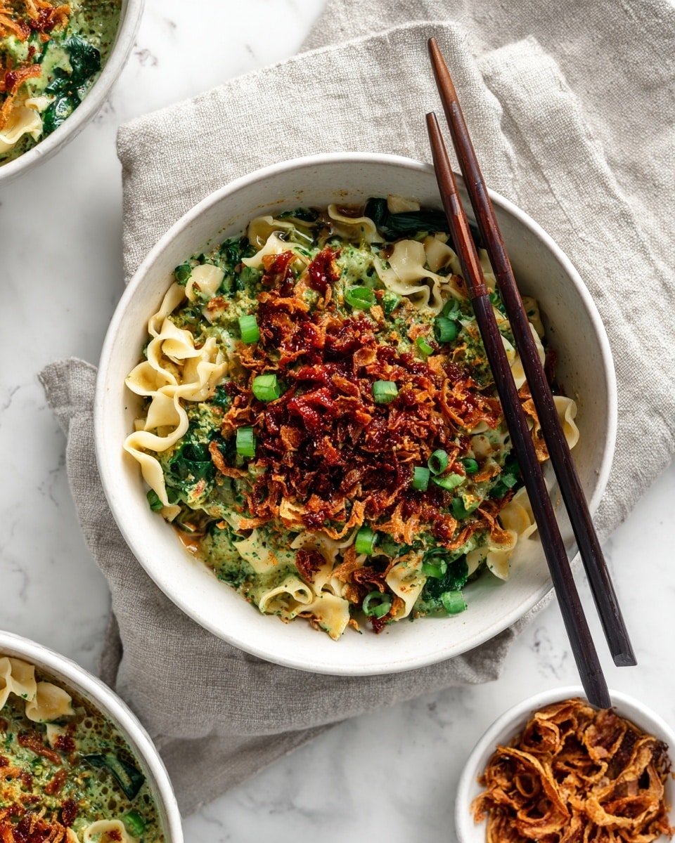 A white bowl filled with round noodles mixed with layers of green sauce, topped with reddish-brown crispy fried shallots and a drizzle of red sauce. Dark brown chopsticks rest inside the bowl on the right side. The bowl is placed on a light gray cloth on a white marbled surface, with sliced pieces of ginger root nearby. In the background, there is a second white bowl with the same noodles and sauce, and a small white dish filled with more crispy shallots is visible in the bottom right corner. Photo taken with an iphone --ar 4:5 --v 7