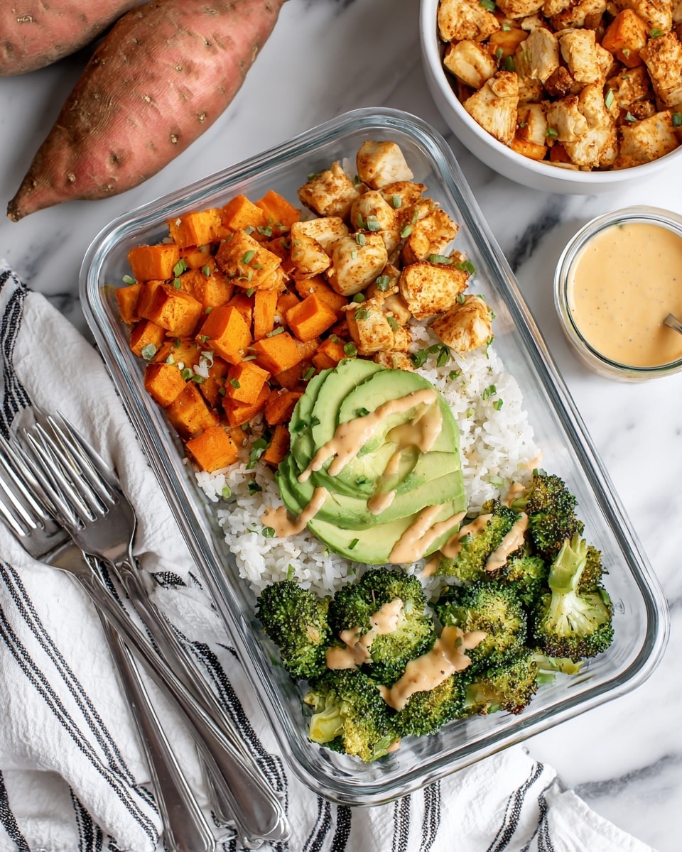 A clear glass container shows a meal with four layers: the bottom layer is white rice, the second layer has orange roasted sweet potato cubes, the third layer has orange cooked chicken pieces topped with light pink sauce and green chopped herbs, and the top layer has bright green avocado slices and roasted broccoli florets. The container is placed on a white marbled surface with a tray of roasted broccoli on the left, a white bowl of pink sauce on the top right, and two whole sweet potatoes on the right side. A white napkin with black stripes and two forks are at the bottom left corner. photo taken with an iphone --ar 4:5 --v 7