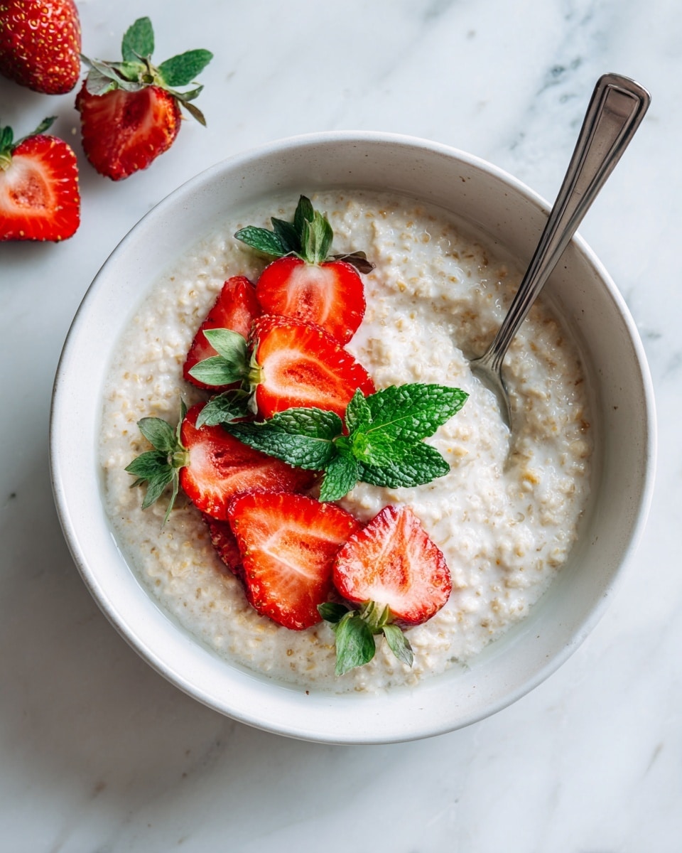 A white bowl filled with creamy oatmeal that has a thick texture, topped with six red strawberry halves with green leaves attached, placed mostly on one side of the oatmeal, along with a small bunch of fresh green mint leaves near the strawberries. A metal spoon rests inside the bowl on the top edge. The background is a white marbled surface. photo taken with an iphone --ar 4:5 --v 7
