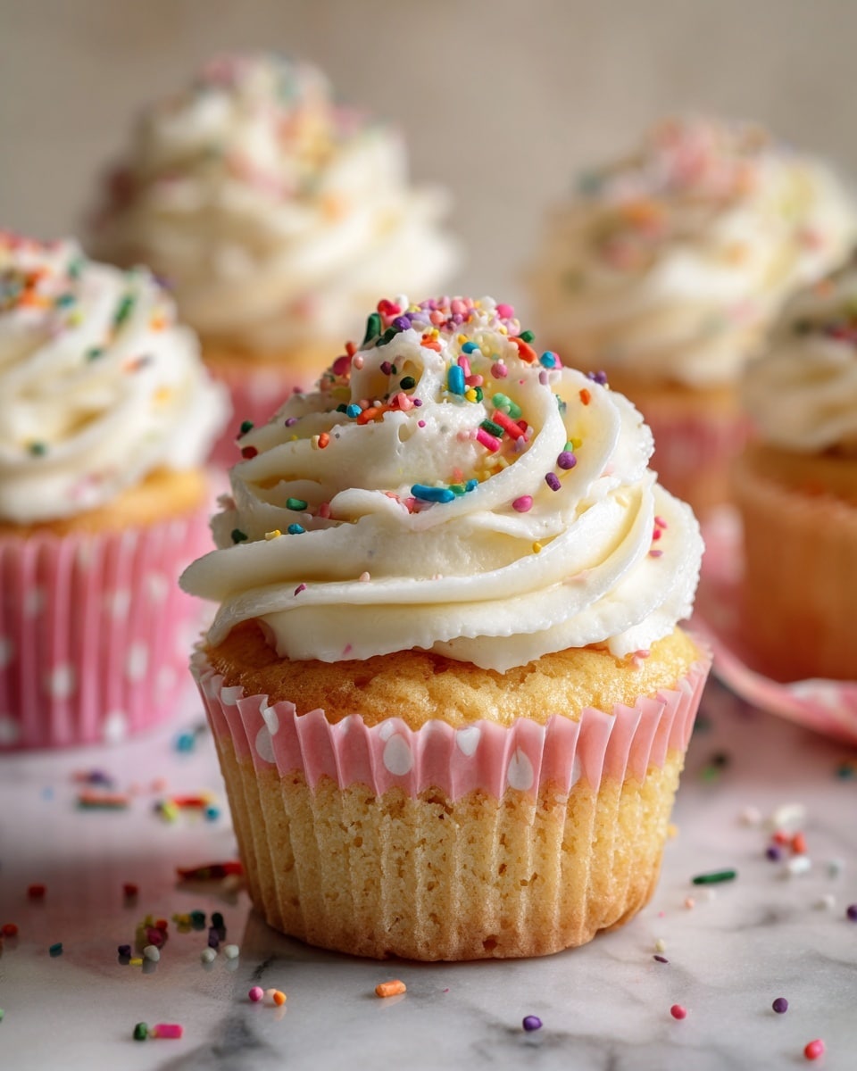 A close-up of a single cupcake with a soft yellow base in a pink and white polka dot wrapper sitting on a white marbled surface. On top is a tall swirl of white creamy frosting, decorated with colorful small rod sprinkles in red, yellow, orange, green, and pink. In the background, there are blurred cupcakes with the same frosting and sprinkles for a soft look. A few sprinkles are scattered on the surface near the cupcake. photo taken with an iphone --ar 4:5 --v 7