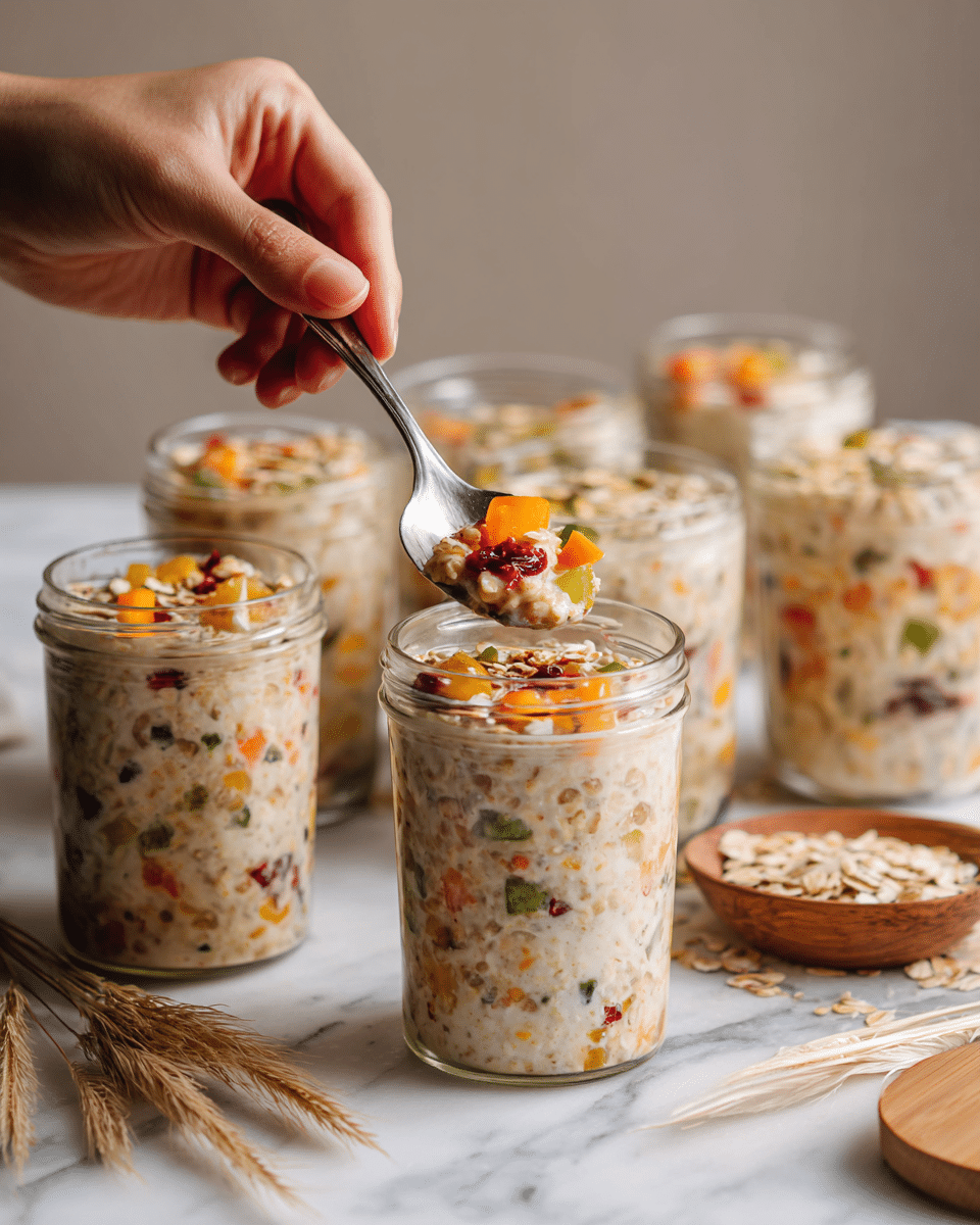 Several clear glass jars filled with layered oatmeal are shown on a white marbled surface. Each jar has a creamy beige base mixed with oats, and you can see chunks of colorful fruit pieces like orange, green, and red throughout the layers. Some jars have small bits of nuts or seeds mixed in. One jar near the center has a woman's hand holding a silver spoon dipped in the oatmeal, showing more red fruit pieces on the spoon. The jars have silver spoons inside or beside them, and a wooden lid is placed nearby. On the right side, there is a wooden bowl filled with raw oats, surrounded by some beige dried grass. The photo is taken with an iphone --ar 4:5 --v 7
