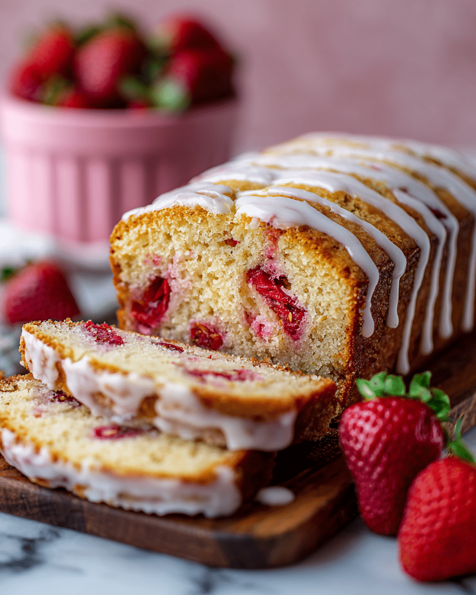 A close-up of a sliced loaf cake on a wooden board, showing two thick layers of moist cake speckled with bright red strawberry pieces inside, with a thin drizzle of white icing lightly covering the top layer, some icing dripping down the middle. The loaf’s outside is golden brown with a soft texture inside. Fresh strawberries sit next to the board, and in the blurred background, a pink container filled with more strawberries rests on a white marbled surface. photo taken with an iphone --ar 4:5 --v 7