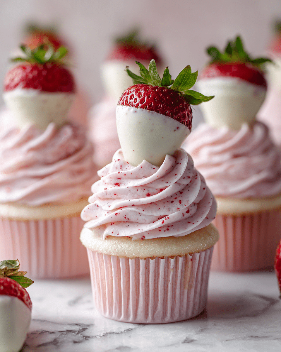 The image shows pink cupcakes arranged closely together on a white marbled surface. Each cupcake has two main layers: a smooth, light pink cake base and a thick swirl of matching pink frosting piped in a circular pattern on top. Sitting on each frosting swirl is a fresh strawberry dipped halfway in white coating, with the green leaves still attached, adding a bright red and green contrast. The focus is sharp on the front cupcakes, showing texture in the frosting and the strawberries, while the background cupcakes are softly blurred. photo taken with an iphone --ar 4:5 --v 7