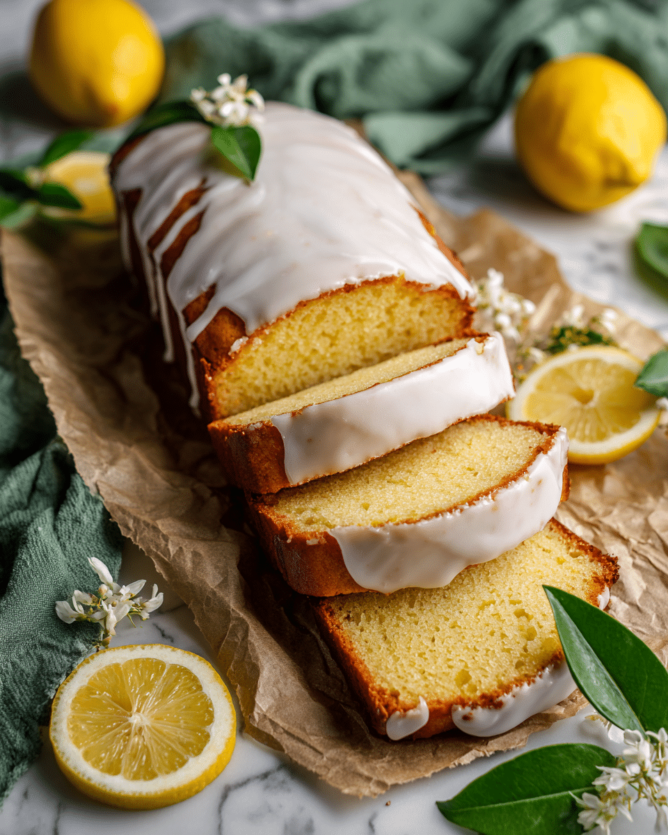 The image shows six slices of lemon cake arranged in a row in front of a larger unsliced loaf. Each slice has a golden-yellow inside texture with small air holes and a light brown crust. A thin layer of white icing is spread over the top of each slice. The cake rests on crumpled brown parchment paper over a wooden cutting board, placed on a white marbled surface. Around the cake, there are fresh green leaves and white flowers scattered, with three lemon halves and one whole lemon adding bright yellow color to the background. photo taken with an iphone --ar 4:5 --v 7
