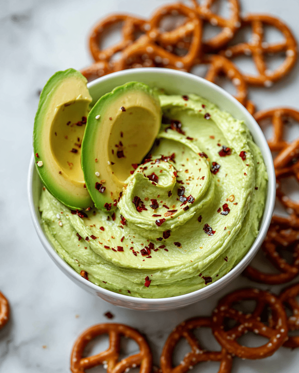 A white bowl filled with creamy light green avocado dip, smooth with some texture, topped with two fanned avocado halves in the center, sprinkled with red chili flakes, and drizzled with olive oil. The bowl is placed on a white marbled surface. Around the bowl, there are small white plates holding golden brown pretzels with a shiny crust, and some orange carrot sticks at one edge. photo taken with an iphone --ar 4:5 --v 7