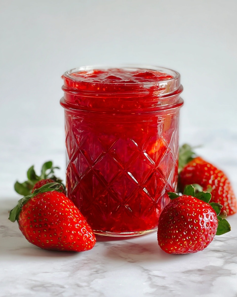 A clear glass jar filled with a bright red strawberry jam that shows chunks of strawberries inside, with a textured diamond pattern on the jar’s surface. Around the jar, there are fresh whole strawberries with green leaves placed on a white marbled surface. The background is plain white, making the red of the strawberries and jam stand out. photo taken with an iphone --ar 4:5 --v 7