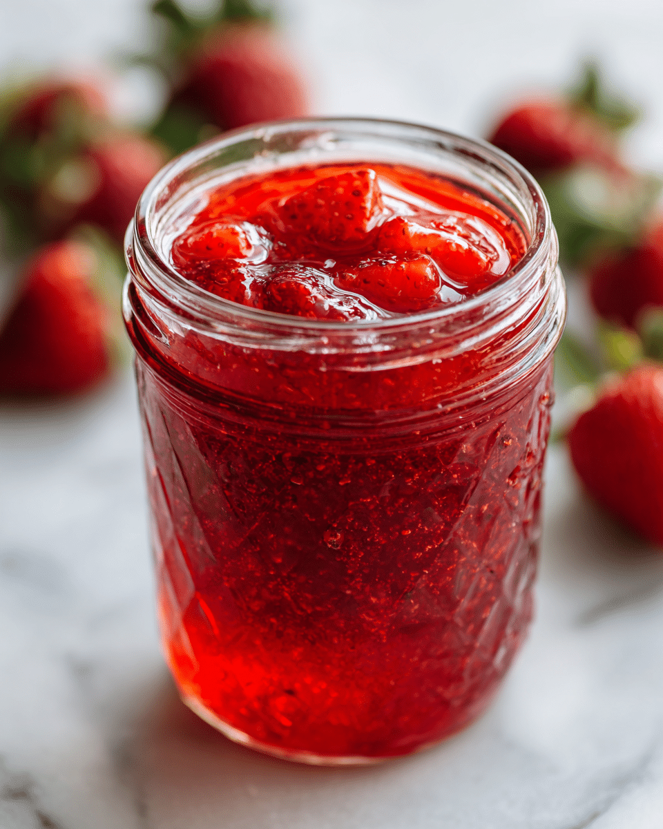 A close-up view of a glass jar filled with bright red strawberry jam showing whole and soft strawberry pieces immersed in a shiny, smooth, and slightly thick liquid, with the jar resting on a white marbled surface and some blurred strawberries placed in the background, photo taken with an iphone --ar 4:5 --v 7
