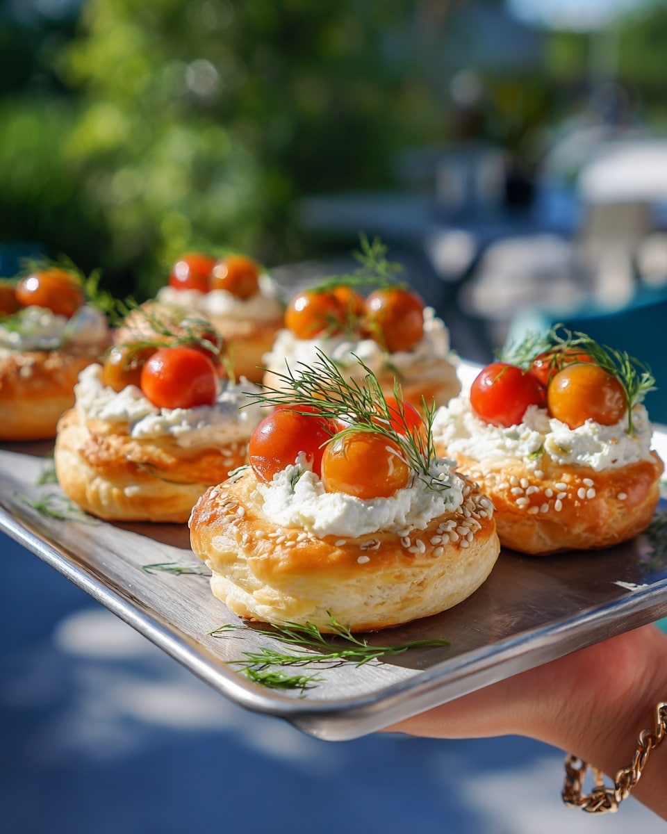 The image shows six round pastries with a golden-brown color and sprinkled sesame seeds on top, arranged on a baking tray. Each pastry has a thick, shiny crust with a spiral texture. In the middle of each pastry is a smooth, white dollop of creamy cheese, topped with a cluster of bright red and orange cherry tomatoes, some still on the vine. Small green dill sprigs are placed delicately over the cheese and tomatoes, adding a touch of fresh green color. A woman's hand is holding the tray from the corner, and the scene is set against a green blurred background with sunlight shining on the pastries. photo taken with an iphone --ar 4:5 --v 7