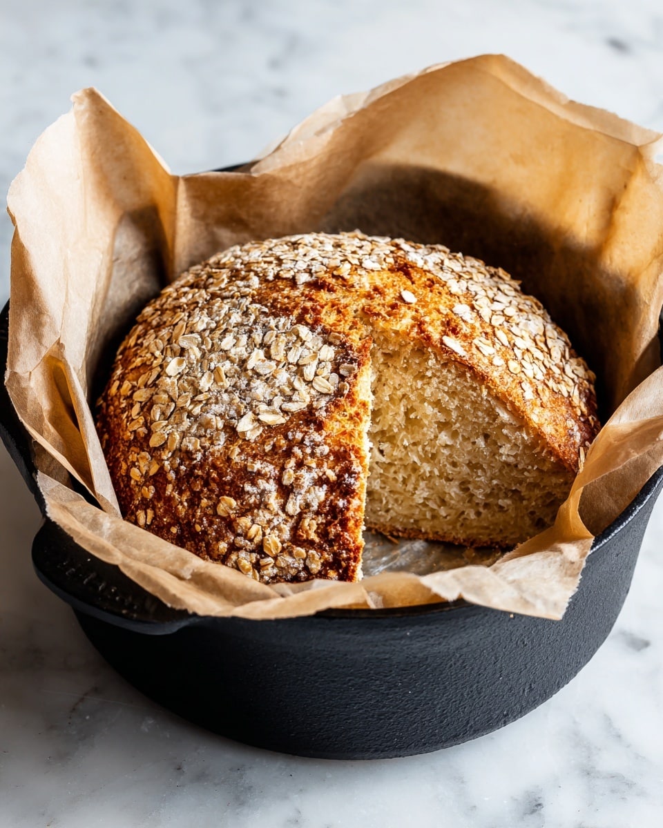 A round loaf of bread sits inside a black cast iron pot lined with light brown parchment paper. The bread has a golden brown crust with a thick outer layer covered in oats, giving a rough texture on top left side, while the rest of the bread shows a smooth, shiny, and slightly cracked golden surface. The pot is on a white marbled surface, and the shot captures the rustic feel of the bread and pot close up. photo taken with an iphone --ar 4:5 --v 7