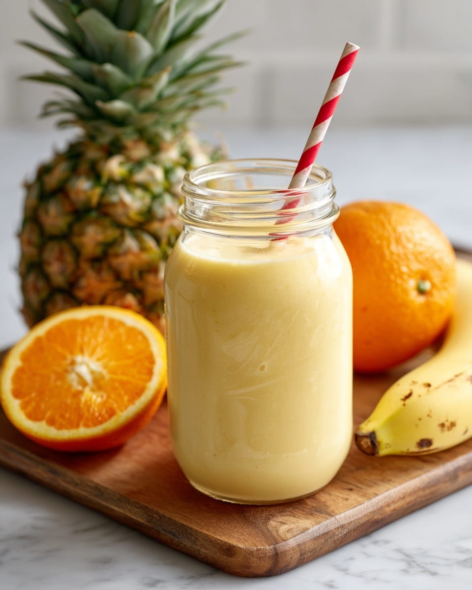 A clear glass jar with a handle filled with a creamy pale yellow smoothie, topped with a red and white striped straw. Behind the jar is a wooden board holding a peeled pineapple, a whole orange, and a curved yellow banana, all resting on a white marbled surface. The smoothie looks smooth and thick, taking up almost the whole jar with tiny bits visible inside. Photo taken with an iphone --ar 4:5 --v 7
