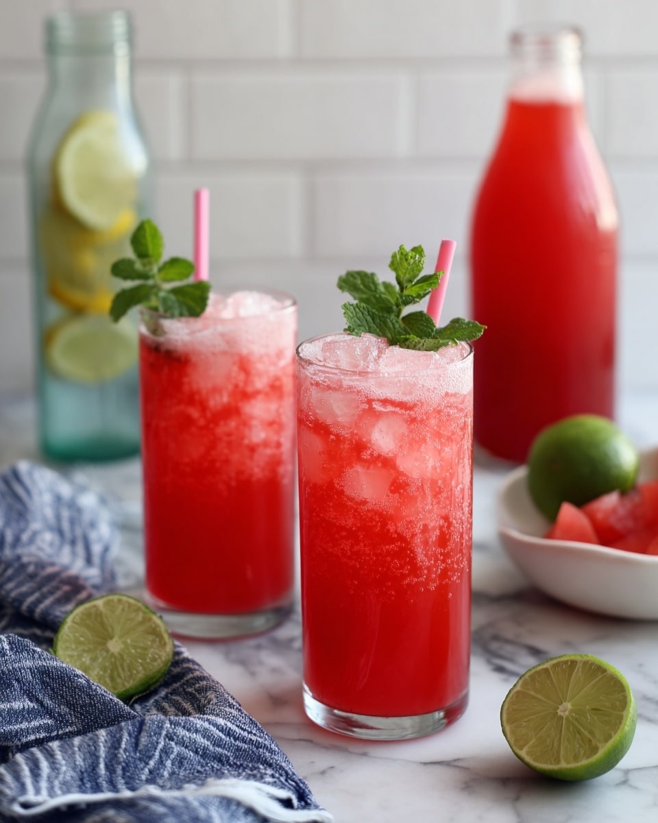 Two clear glasses filled with a layered red drink, with a bottom darker red layer and a lighter frothy layer on top, each glass having a white straw and a green mint leaf garnish. The glasses sit on a white marbled surface with some ice visible inside. Nearby are a white bowl with red fruit pieces and half a lime, with a blue and white striped cloth beside the glasses. There are clear bottles with a red liquid in the background against white tiled walls. Photo taken with an iphone --ar 4:5 --v 7