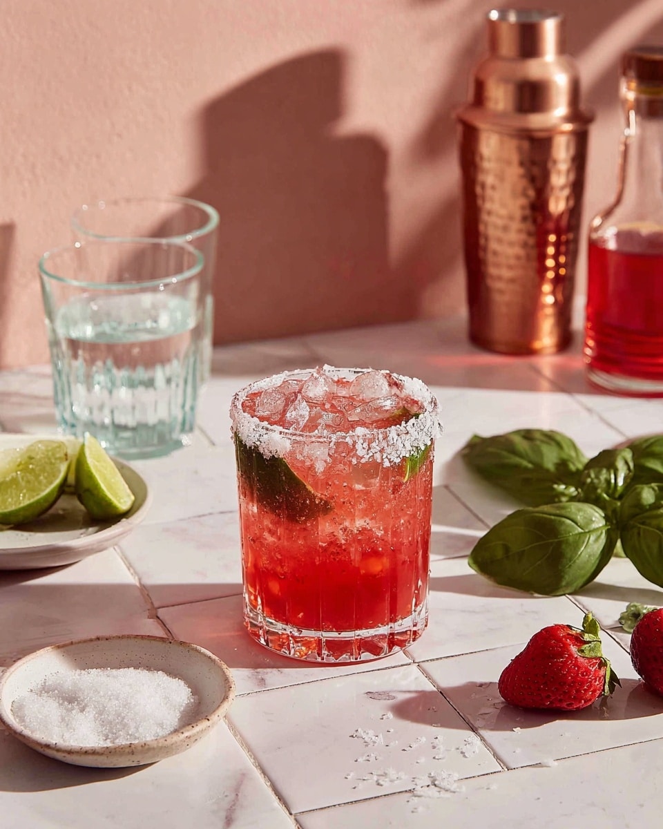 The image shows a bright red drink in a clear glass with a salted rim, placed in the middle on a white tiled surface with a white marbled texture in the background. The glass is short with a thick base and is filled with the red drink surrounded by lime wedges, two whole strawberries, and green basil leaves around it. Behind the glass, there are two more empty clear glasses with salted rims, a copper-colored shaker covered in condensation, and jars with red and dark liquids. A small white dish with salt sits on the left side. The colors are fresh and vibrant with a soft pink wall behind the scene. Photo taken with an iphone --ar 4:5 --v 7
