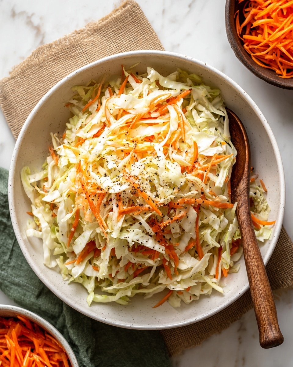 A large white bowl filled with fresh coleslaw made of finely shredded green cabbage and thin strips of orange carrot, mixed evenly with some green herbs scattered throughout. The coleslaw appears lightly dressed and has specks of black pepper on top. The bowl sits on a piece of brown burlap over a white marbled surface. A wooden spoon is placed inside the bowl on the right side. Around the bowl, there are small scattered carrot pieces and a green cloth near the bottom of the image, with parts of two other bowls partially visible in the background containing more coleslaw and shredded carrots. Photo taken with an iphone --ar 4:5 --v 7