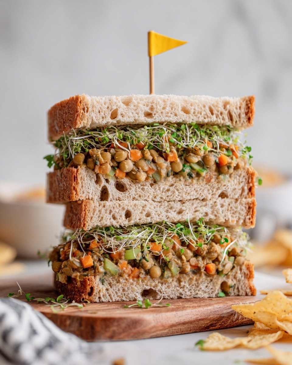 A close-up view of a thick sandwich cut in half and stacked vertically, showing two layers of light, airy bread with a slightly toasted crust. Between the bread layers, there is a chunky filling made of light beige mixed ingredients with visible pieces of green celery and small bits of orange carrot, topped with fresh green sprouts that spill out slightly at the edges. A small yellow pick is stuck through the top of the sandwich to hold it together. The sandwich sits on a wooden board on a white marbled surface, with some blurry tortilla chips and a white cloth in the background. Photo taken with an iphone --ar 4:5 --v 7