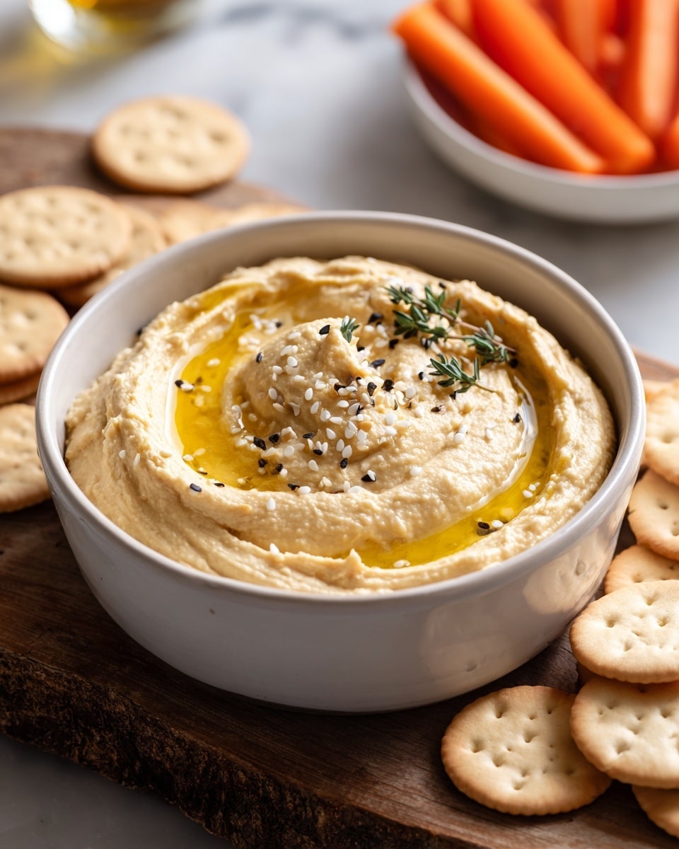 A white bowl filled with smooth, light beige hummus topped with a small pool of golden olive oil, white sesame seeds scattered, fresh green thyme sprigs placed on top, and a single dark blue tortilla chip stuck in the hummus near the back edge; the bowl sits on a white marbled surface with a wooden board beneath it, around which are beige square crackers, some overlapping at the front, and a small amount of green thyme leaves scattered nearby, a blurred white bowl with orange baby carrots stands in the background photo taken with an iphone --ar 4:5 --v 7