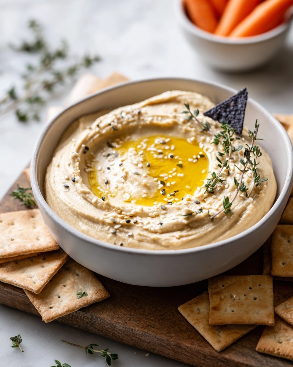 A white ceramic bowl filled with a smooth, creamy dip that is pale beige in color, topped with a swirl of golden olive oil, small white sesame seeds, and a few fresh green herb sprigs at the center; the bowl sits on a rustic wooden board with a rough texture, surrounded by round pale beige crackers with slight golden edges, all placed on a white marbled textured surface, with a blurred white bowl of bright orange carrot sticks in the background, and a glass and olive oil bottle also faintly visible photo taken with an iphone --ar 4:5 --v 7